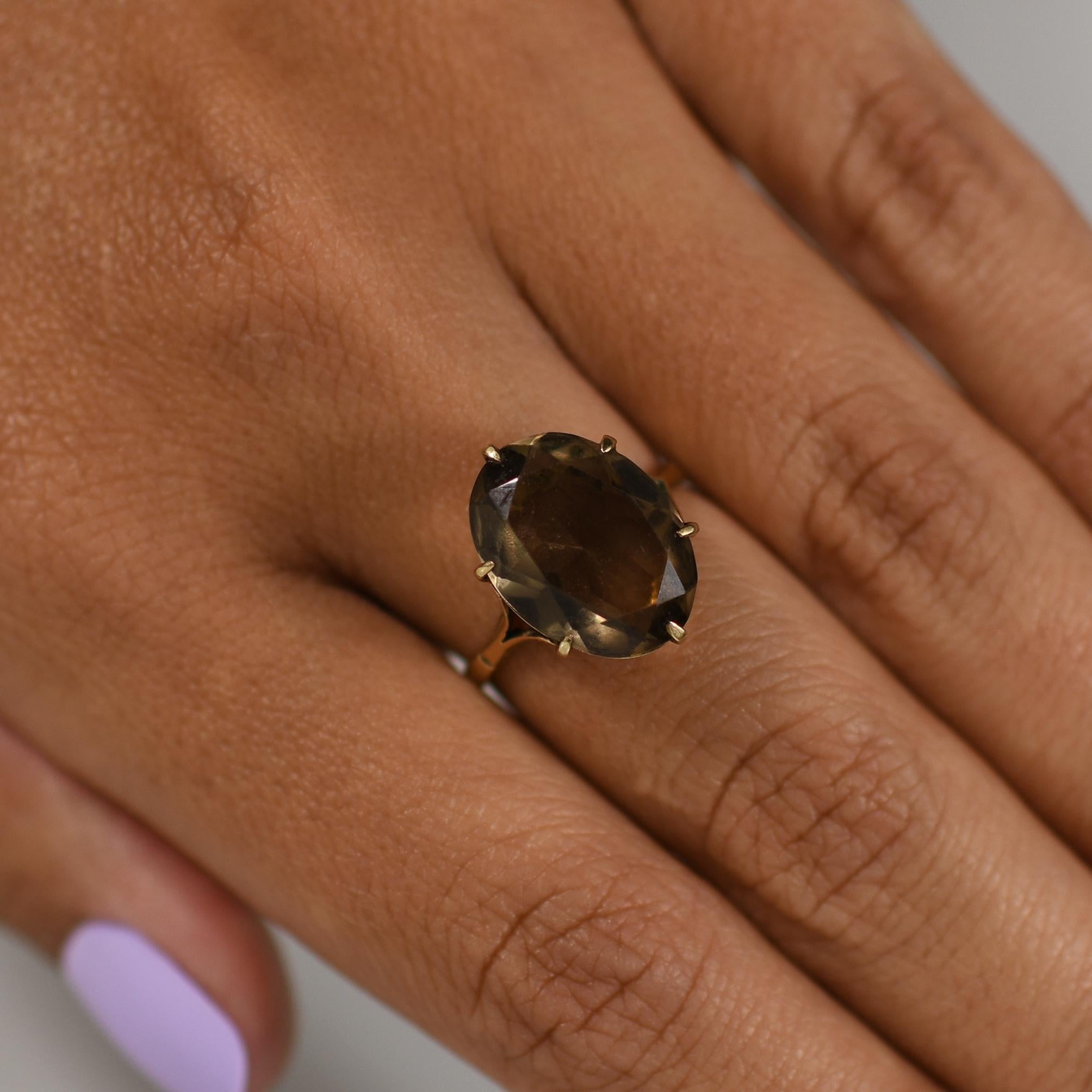 Vintage Smokey Topas Solitär 9K Gold Ring von Charles Lyster & Son in UK 1976, Vintage 1