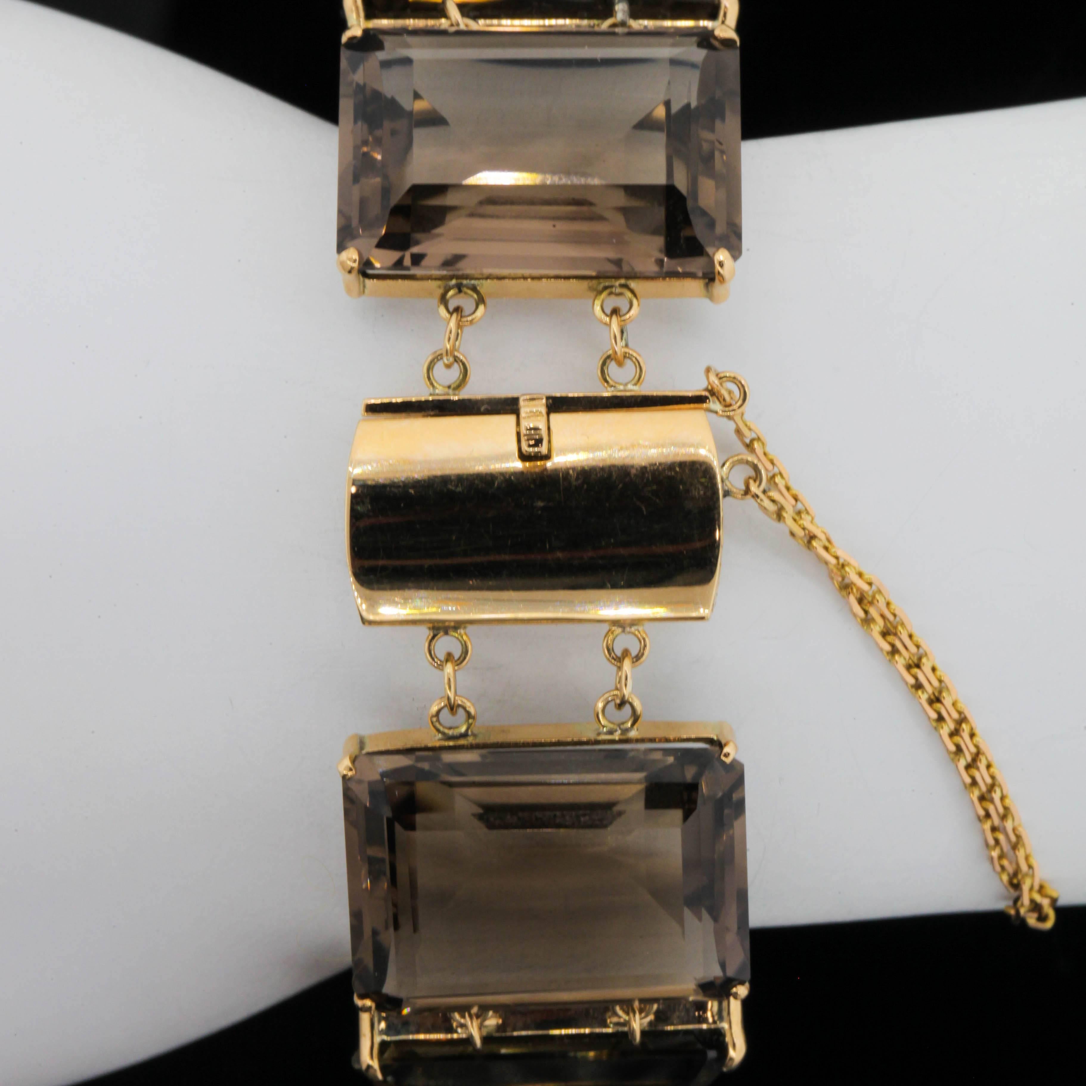 Emerald Cut Vintage Smoky Citrine and Gold Bracelet For Sale