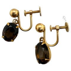 Vintage Smoky Quarts Dangle Screw Back Style Earrings