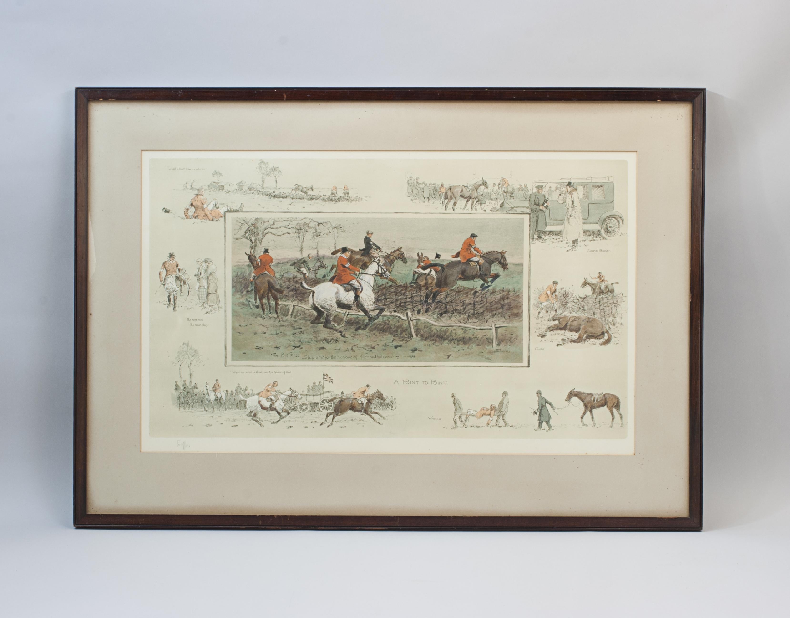 Vintage Snaffles Horse Racing Print, A Point To Point. Charles Johnson Payne.
A good framed equestrian hand coloured lithograph by Snaffles, titled 'A Point To Point'. The colourful main image shows six jockeys jumping a fence with the caption 'The