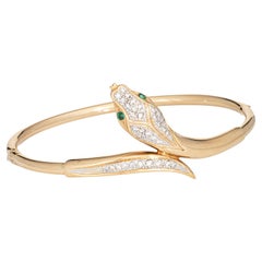 Vintage Snake Bangle Bracelet Diamond 14k Yellow Gold Emerald Eyes 6.5" Serpent