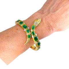 Vintage Snake Bangle Bracelet Gold Emerald Diamonds Estate Jewelry