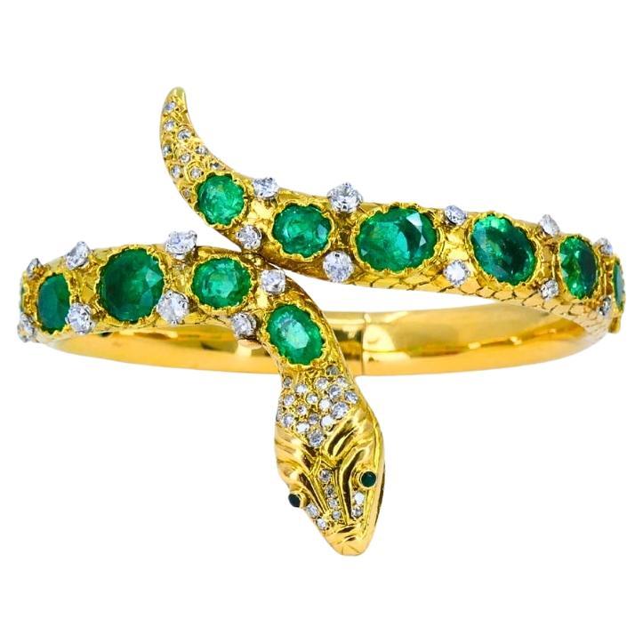 Bracciale serpente vintage in oro con smeraldo e diamanti Estate Jewelry