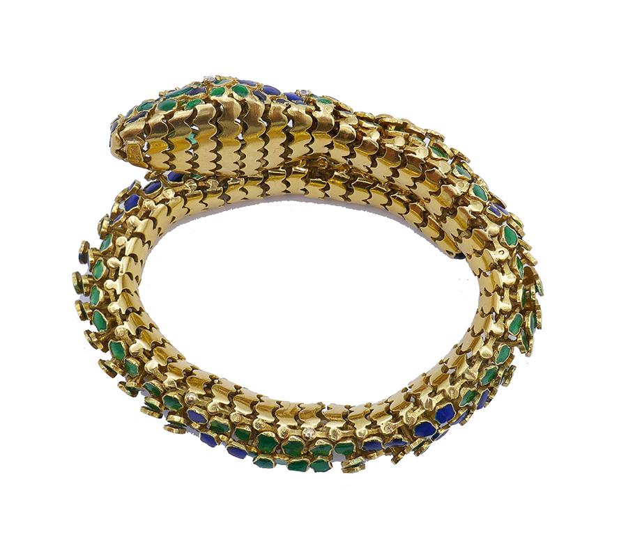 Vintage Snake Bracelet 18k Gold Enamel Jewelry Signed JR 3