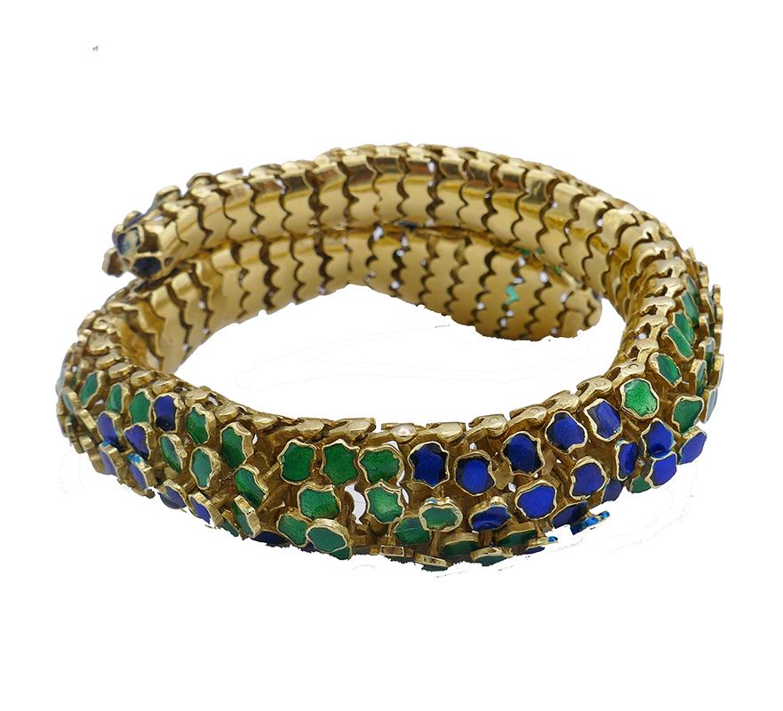 Mixed Cut Vintage Snake Bracelet 18k Gold Enamel Jewelry Signed JR