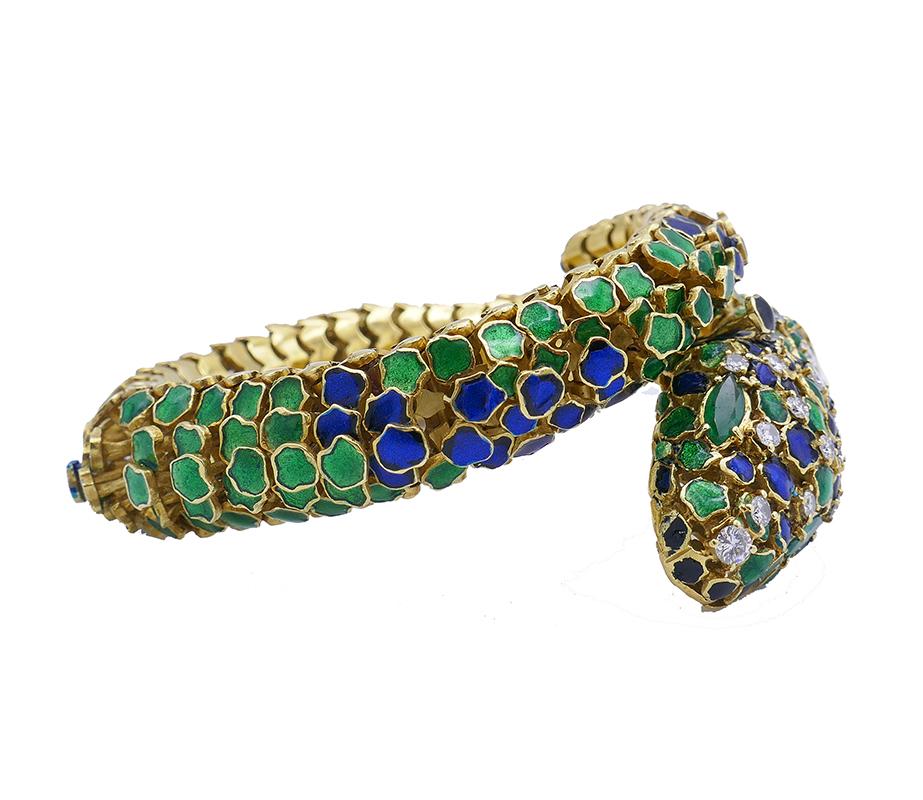 Vintage Snake Bracelet 18k Gold Enamel Jewelry Signed JR In Good Condition In Beverly Hills, CA