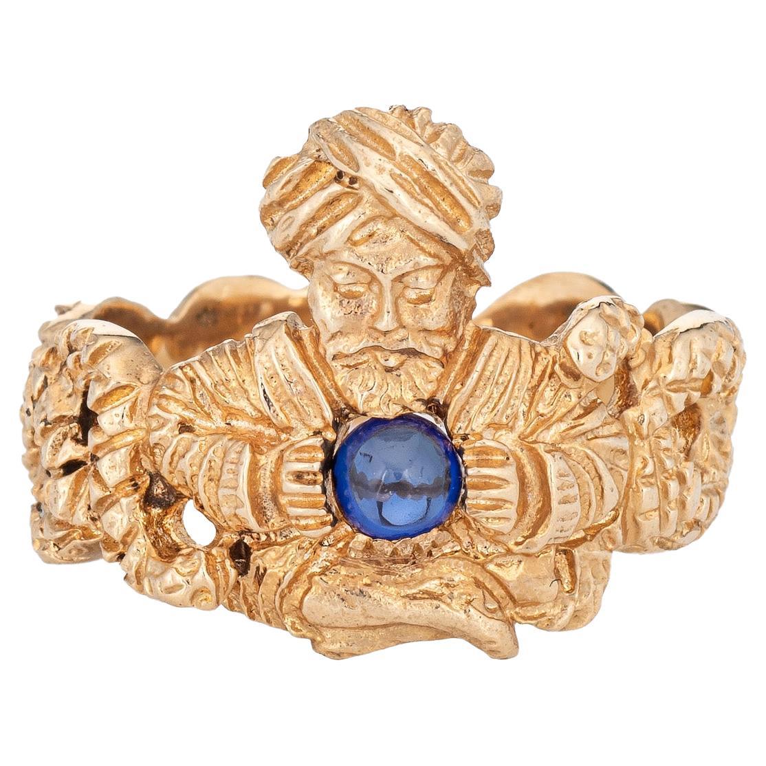 Vintage Snake Charmer Ring Sapphire Orb Fortune Teller Mystical 14k Gold For Sale
