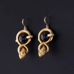 Vintage Snake Earrings of 14k Gold and Onyx