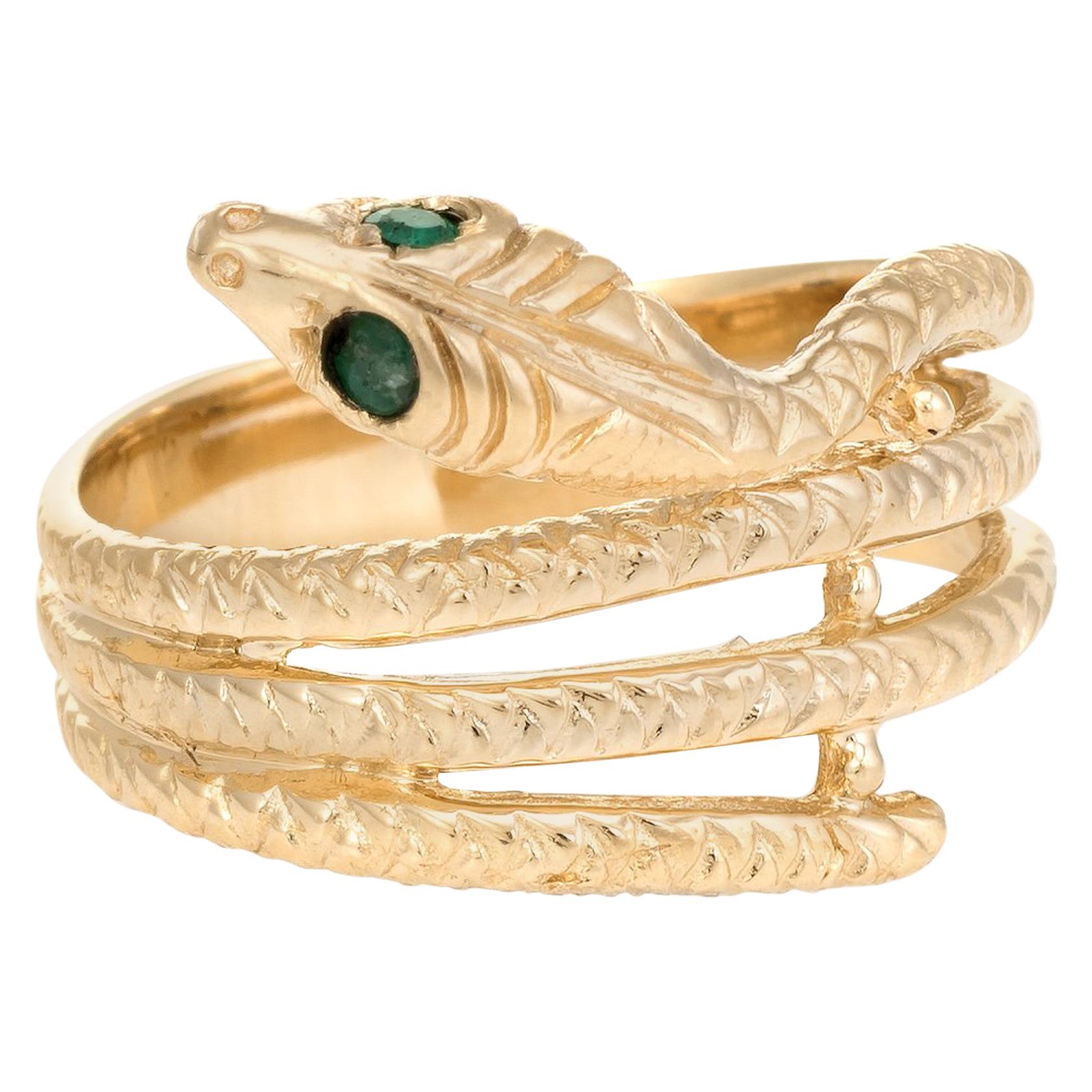 Vintage Snake Ring 14 Karat Yellow Gold Emerald Eyes Alternative Wedding Band