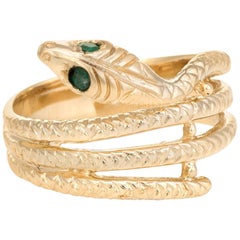 Retro Snake Ring 14 Karat Yellow Gold Emerald Eyes Alternative Wedding Band