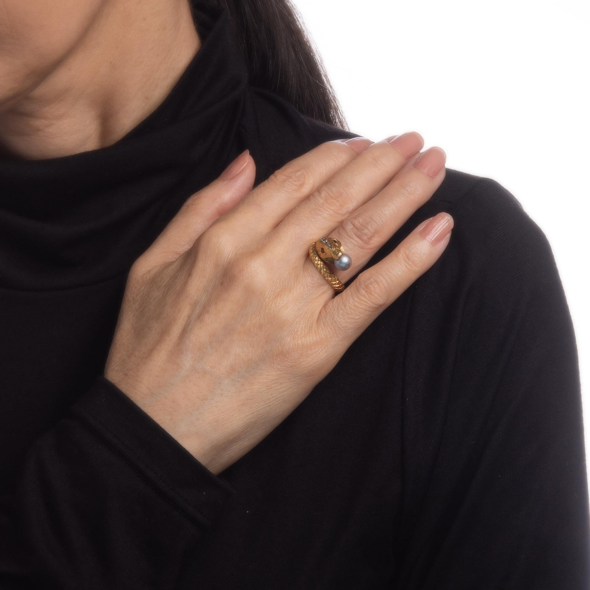 Round Cut Vintage Snake Ring 19k Gold Continental Pearl Ruby Eyes Serpent Jewelry
