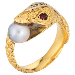 Vintage Snake Ring 19k Gold Continental Pearl Ruby Eyes Serpent Jewelry