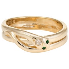 Vintage Snake Ring 9 Karat Yellow Gold Diamond Emerald Alternative Wedding Band