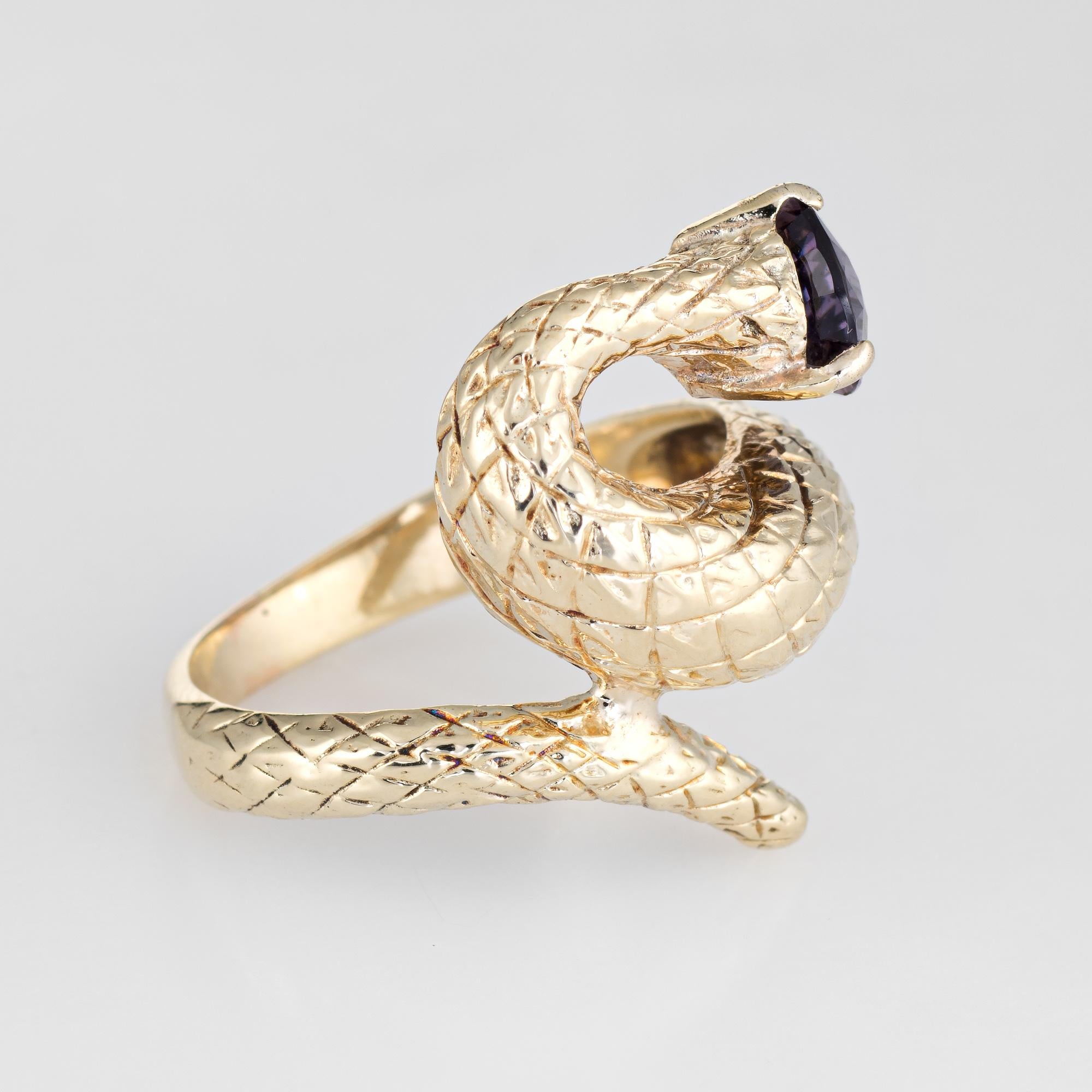 Modern Vintage Snake Ring Purple Spinel 14 Karat Yellow Gold Pear Cut Estate