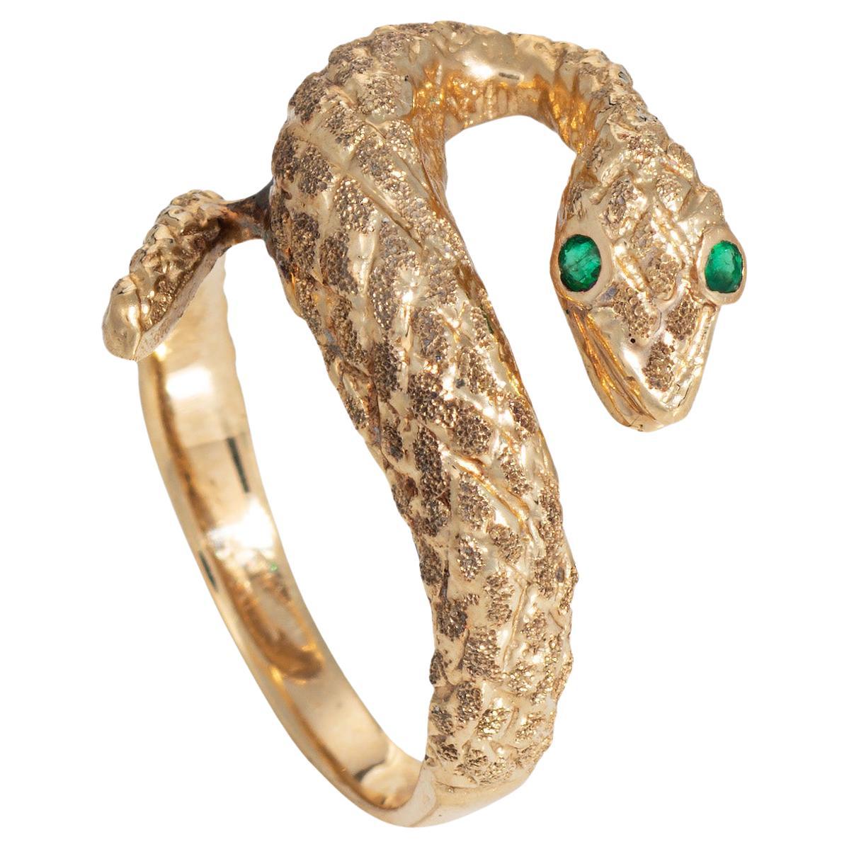 Vintage Snake Ring Sz 7 14k Yellow Gold Emerald Eyes Serpent Jewelry