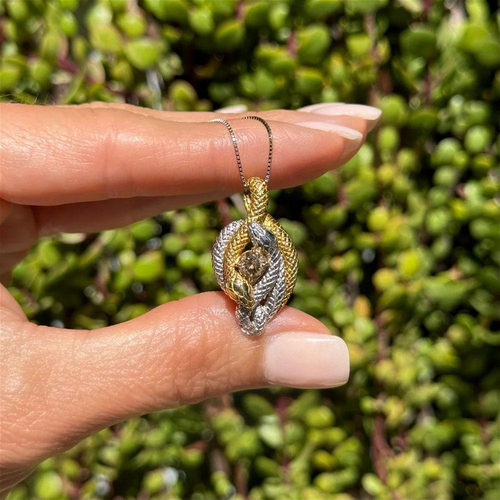 Modernist Vintage Snake Serpent Platinum and Gold Diamond Statement Pendant Necklace For Sale
