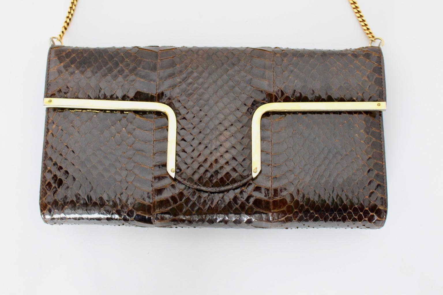 Gray Vintage Snake Skin Clutch or Handbag Brown and Gold France 1970s For Sale