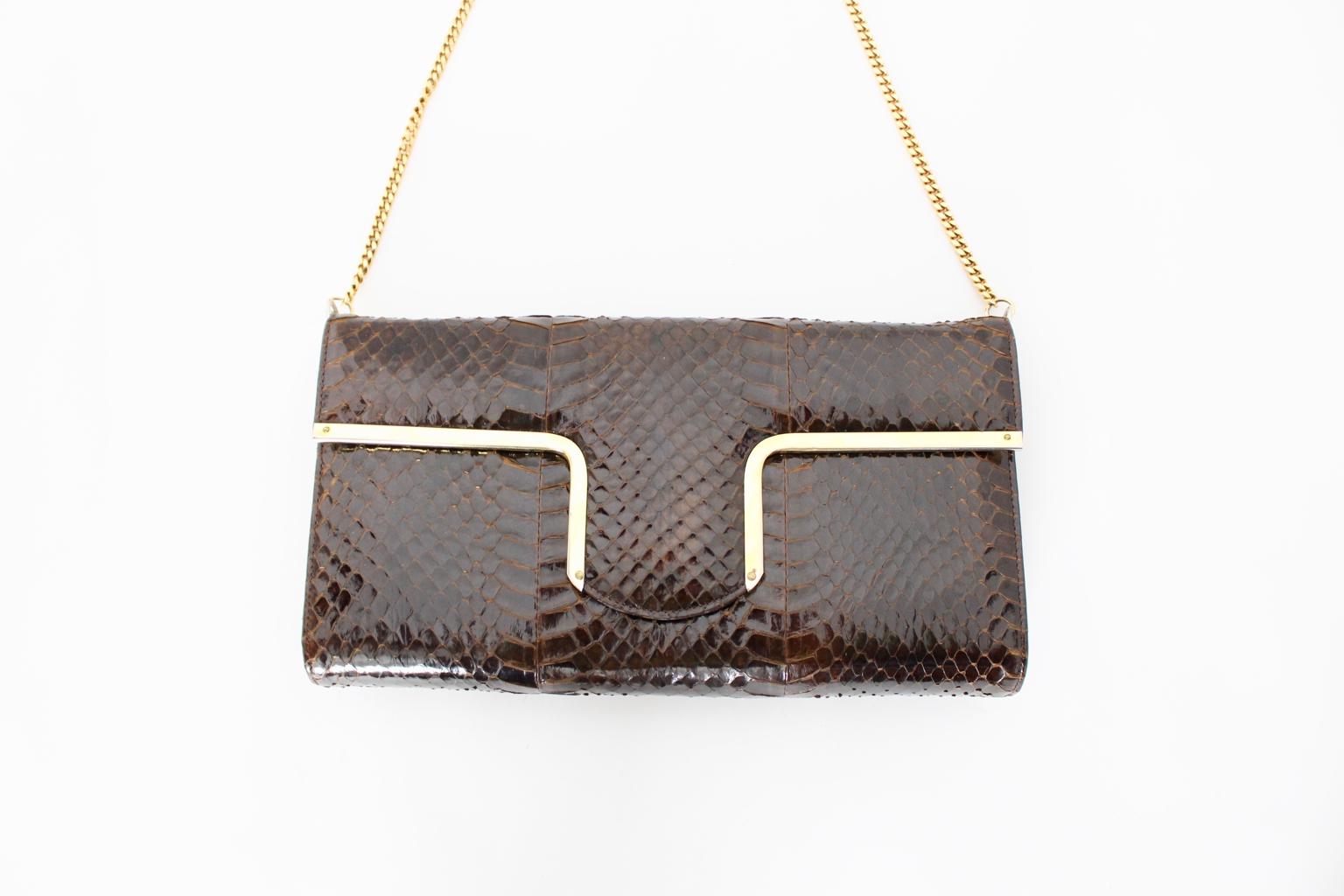 Vintage Snake Skin Clutch or Handbag Brown and Gold France 1970s In Good Condition For Sale In Vienna, AT