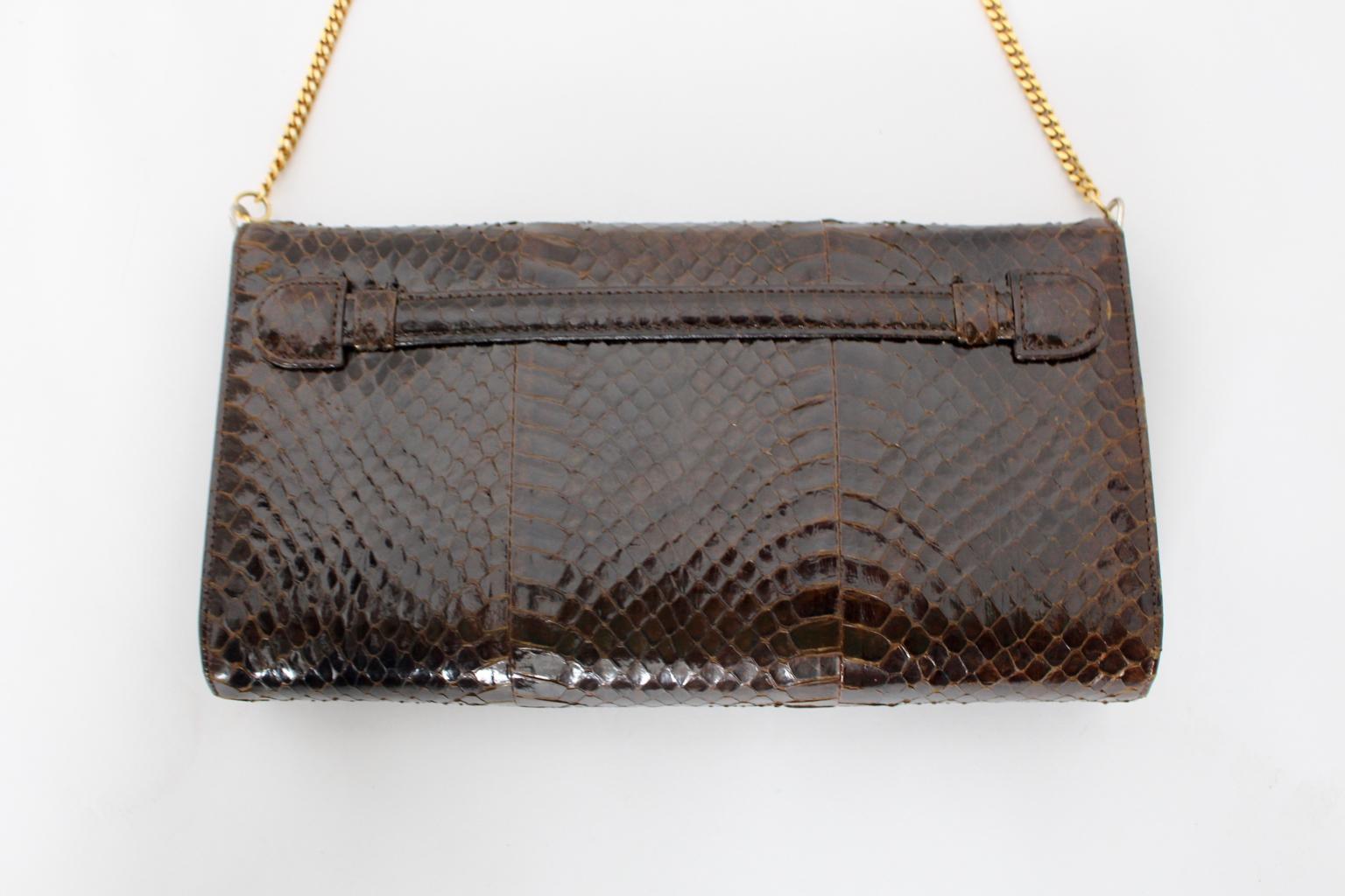 Women's Vintage Snake Skin Clutch or Handbag Brown and Gold France 1970s For Sale