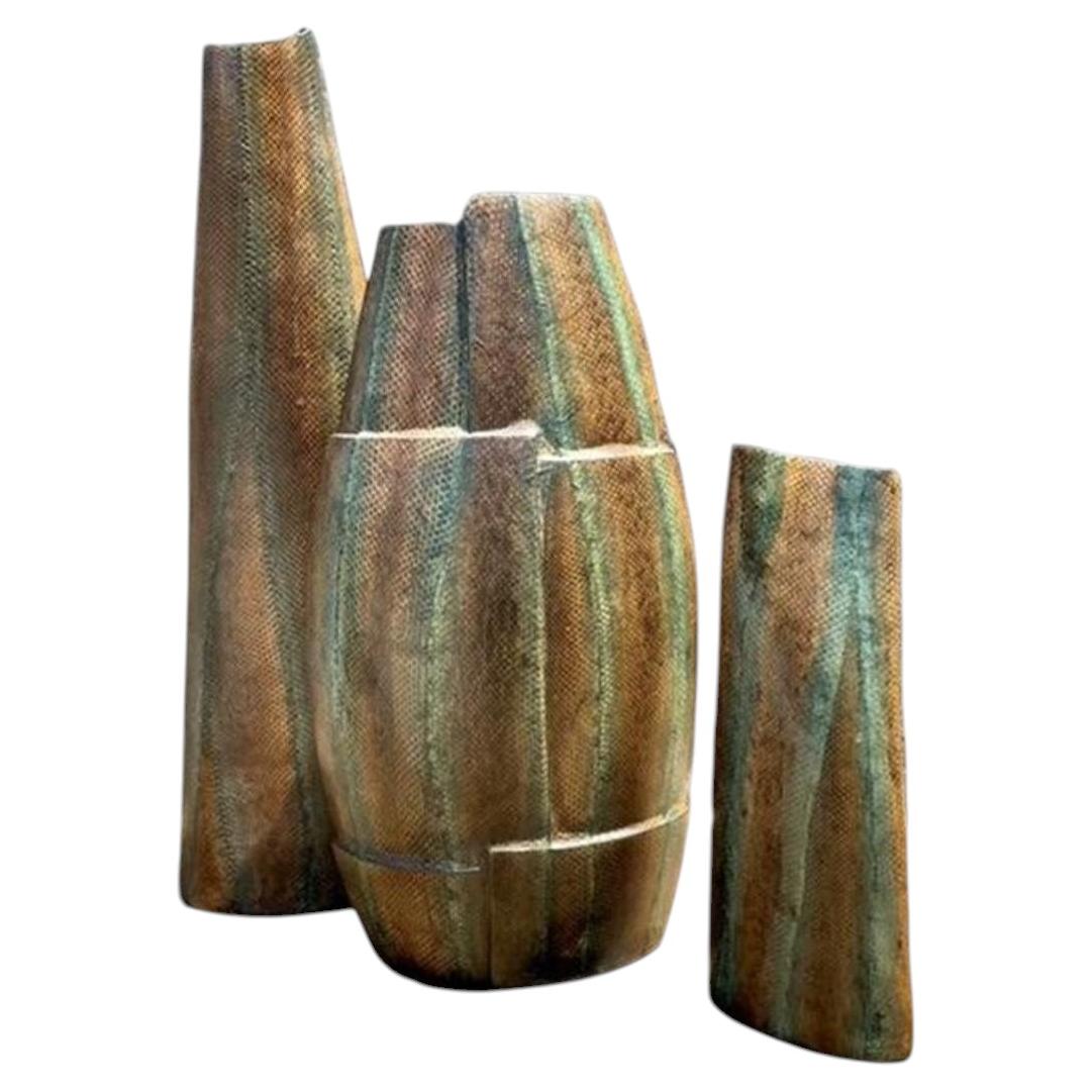 Vintage Snakeskin Wrapped Geometric Vases - Set of 3