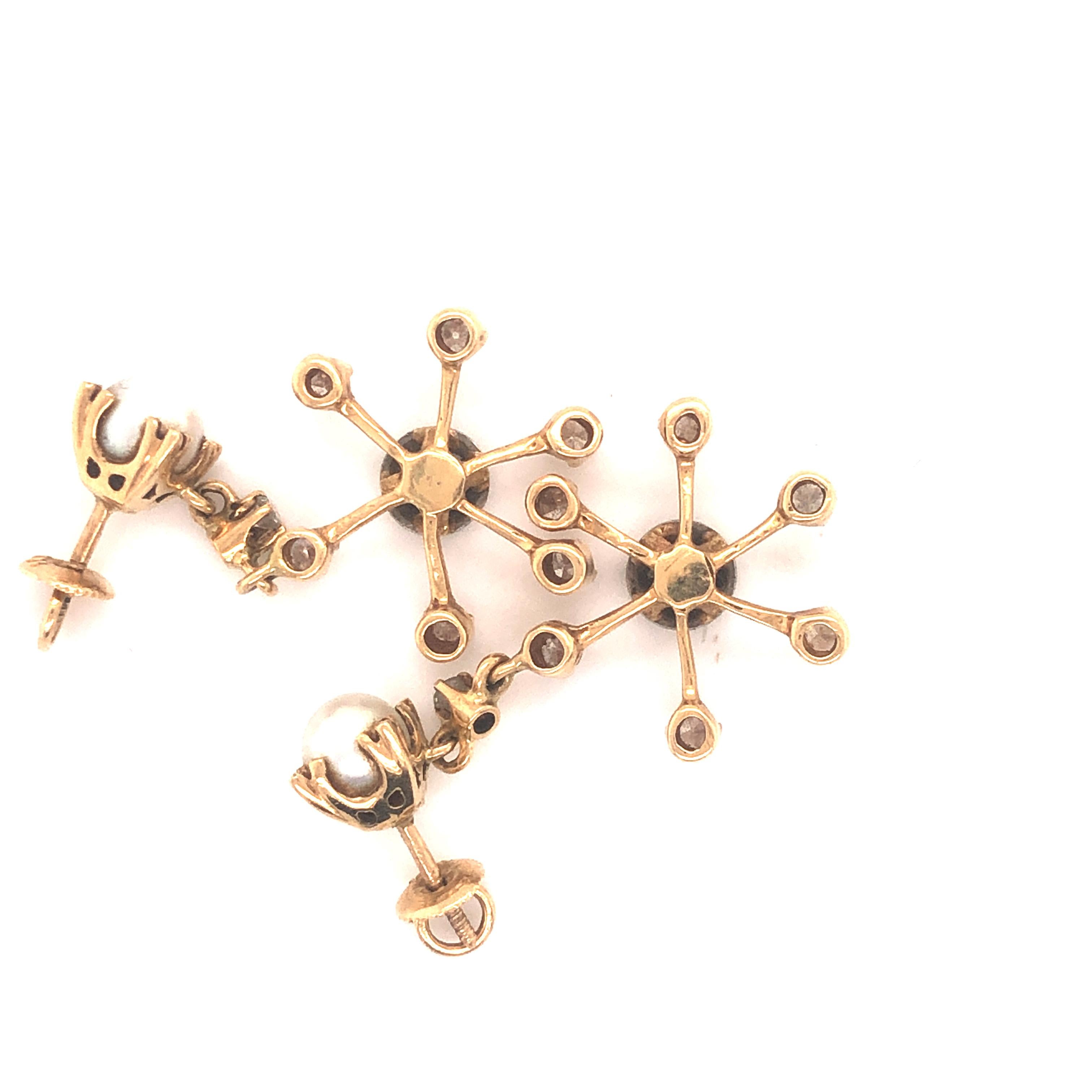 Late Victorian Vintage Snowflake Diamond & Pearl Dangling Earrings 14k Yellow Gold For Sale