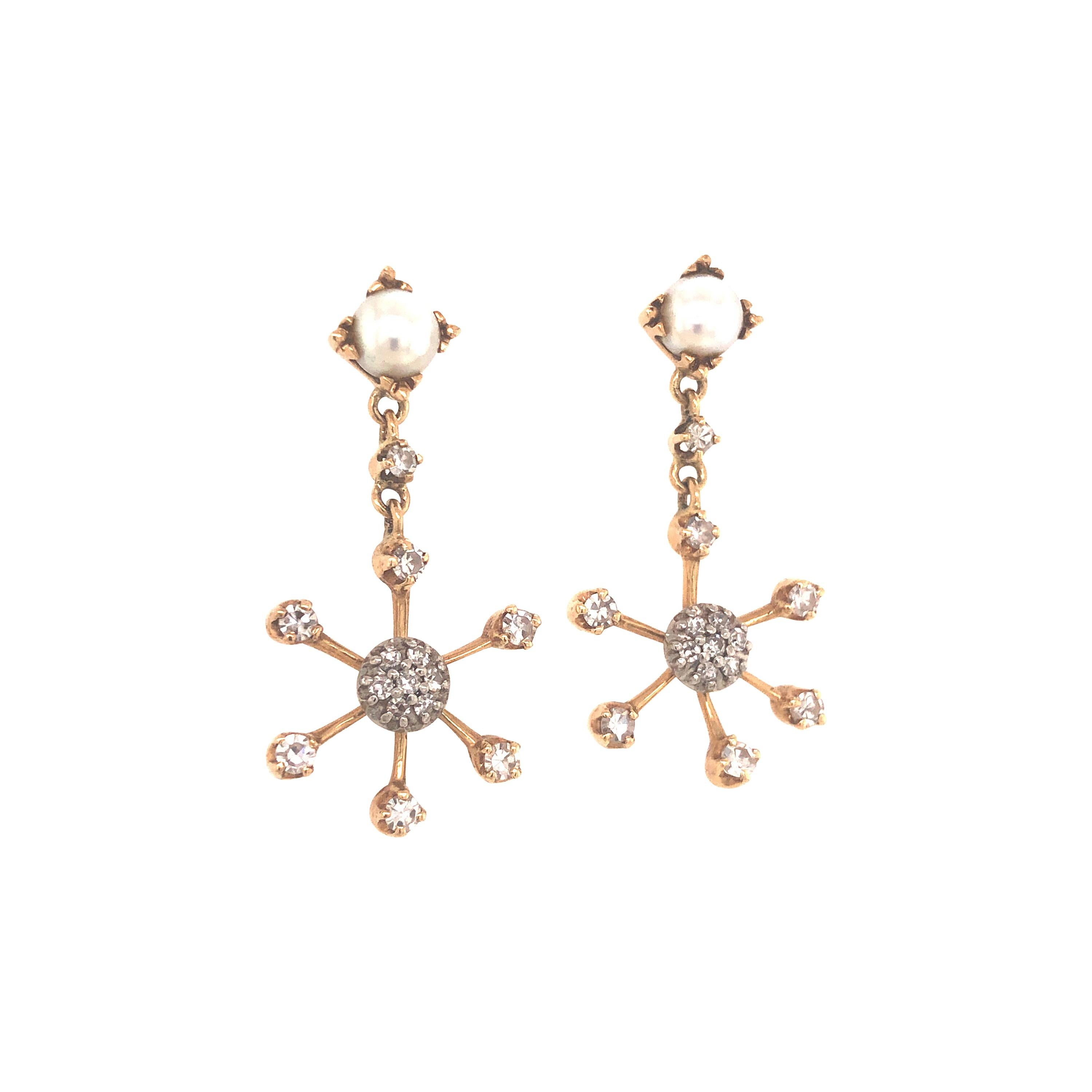 Boucles d'oreilles pendantes vintage flocon de neige en or jaune 14 carats, diamants et perles