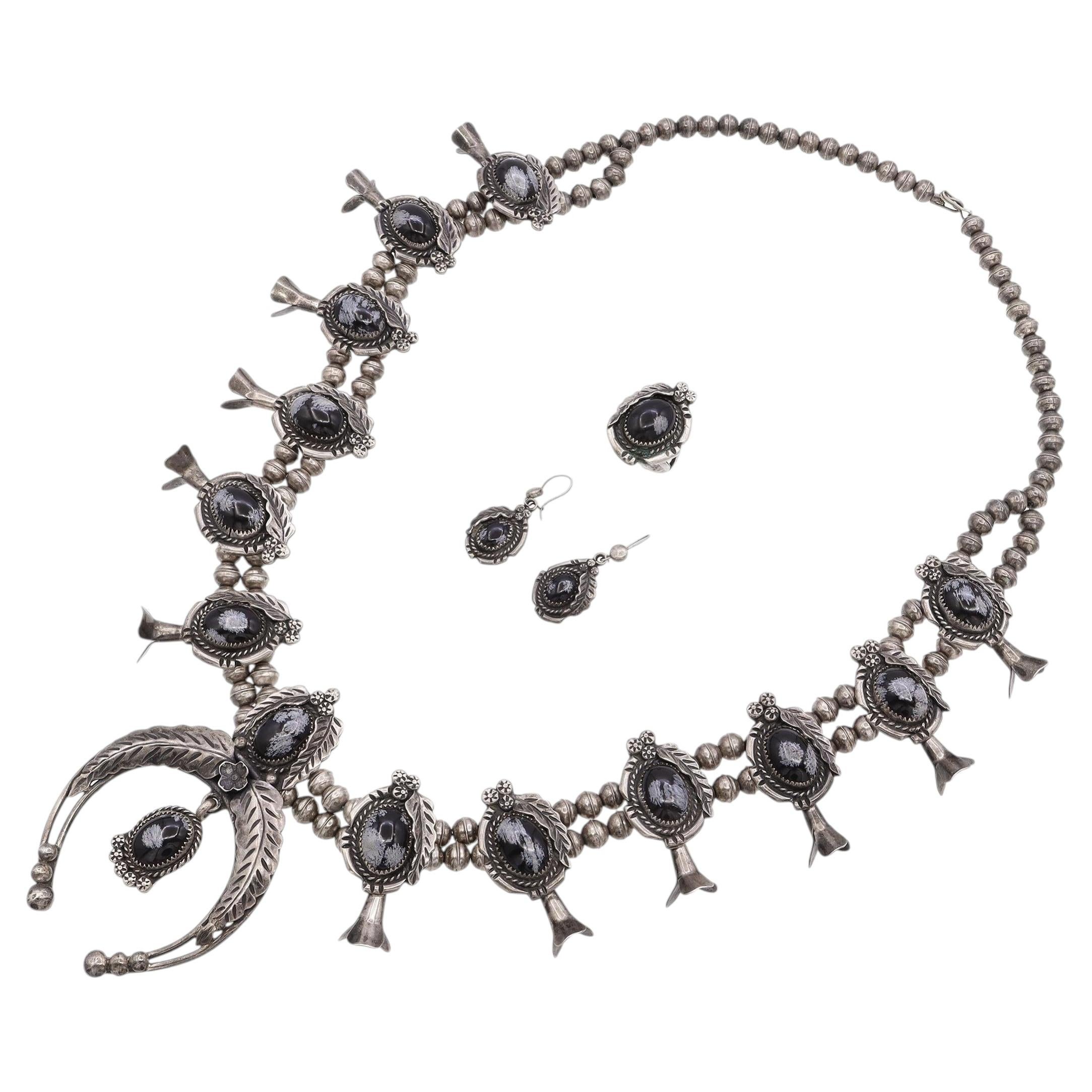 Vintage Snowflake Obsidian Silver Squash Blossom, Ring, & Earring Set For Sale