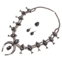 Vintage Snowflake Obsidian Silver Squash Blossom, Ring, & Earring Set