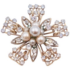 Vintage Snowflake pin by Kramer WIth Faux Pearls and Rhinestones 1960s