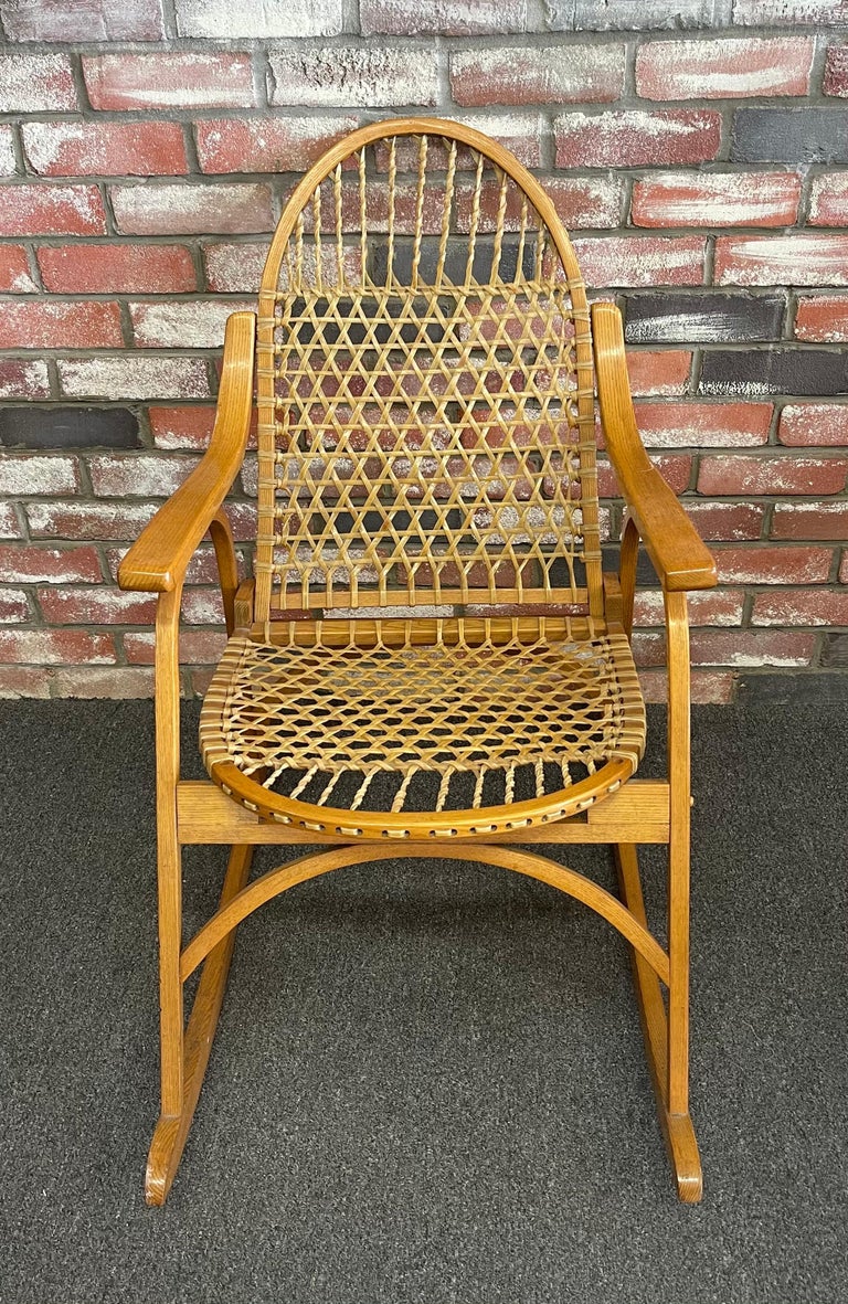 Vintage Snowshoe Oak and Rawhide Rocking Chair by Vermont Tubbsr at
