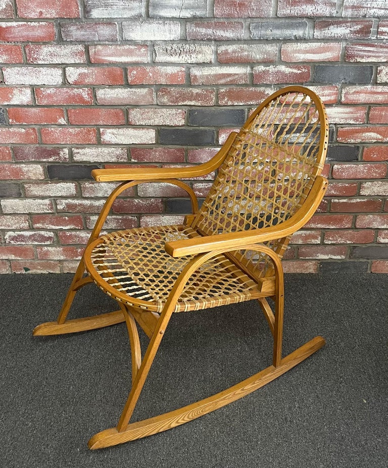 Vintage Snowshoe Oak and Rawhide Rocking Chair by Vermont Tubbsr at