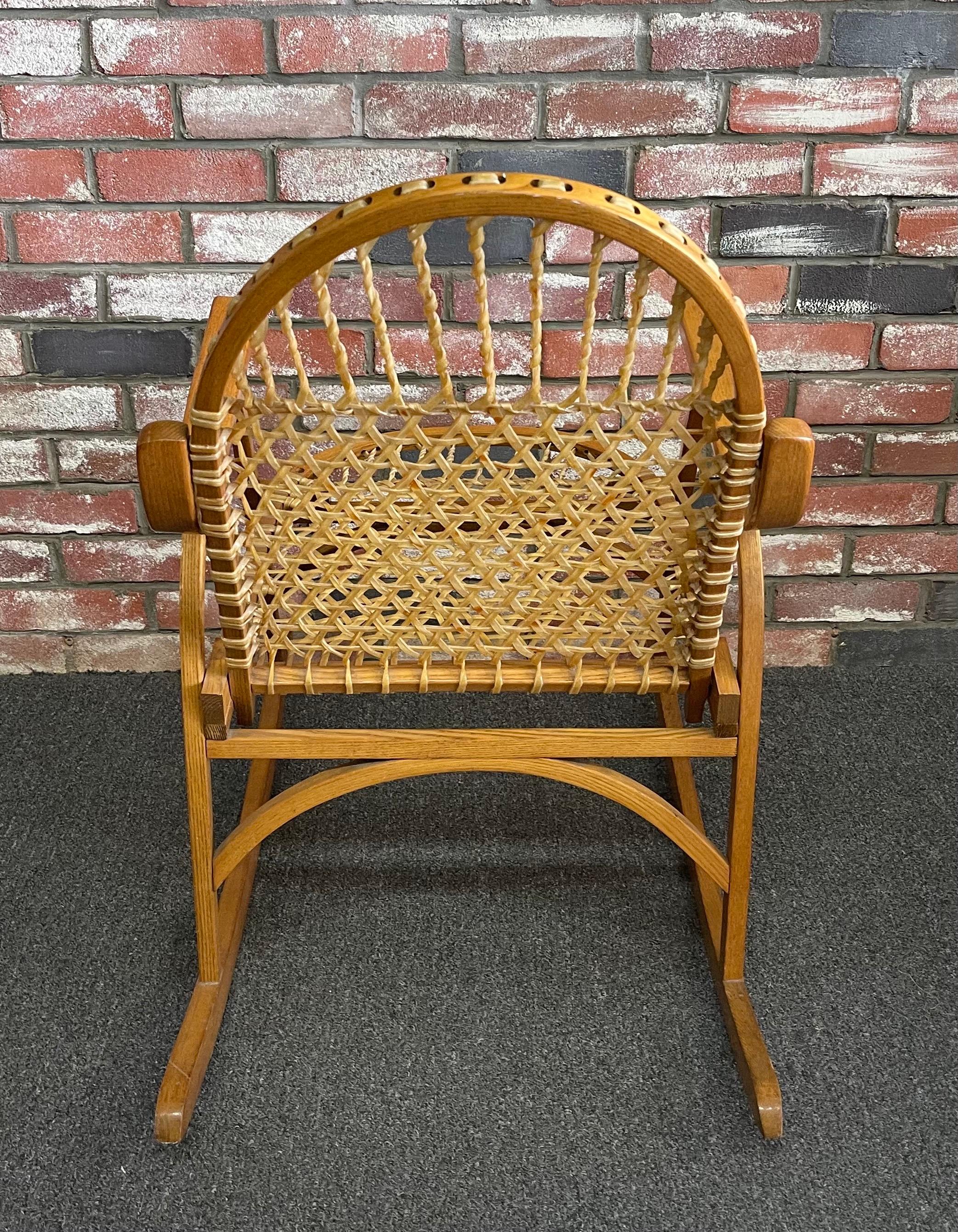 Rustic Vintage Snowshoe Oak & Rawhide Rocking Chair by Vermont Tubbsr