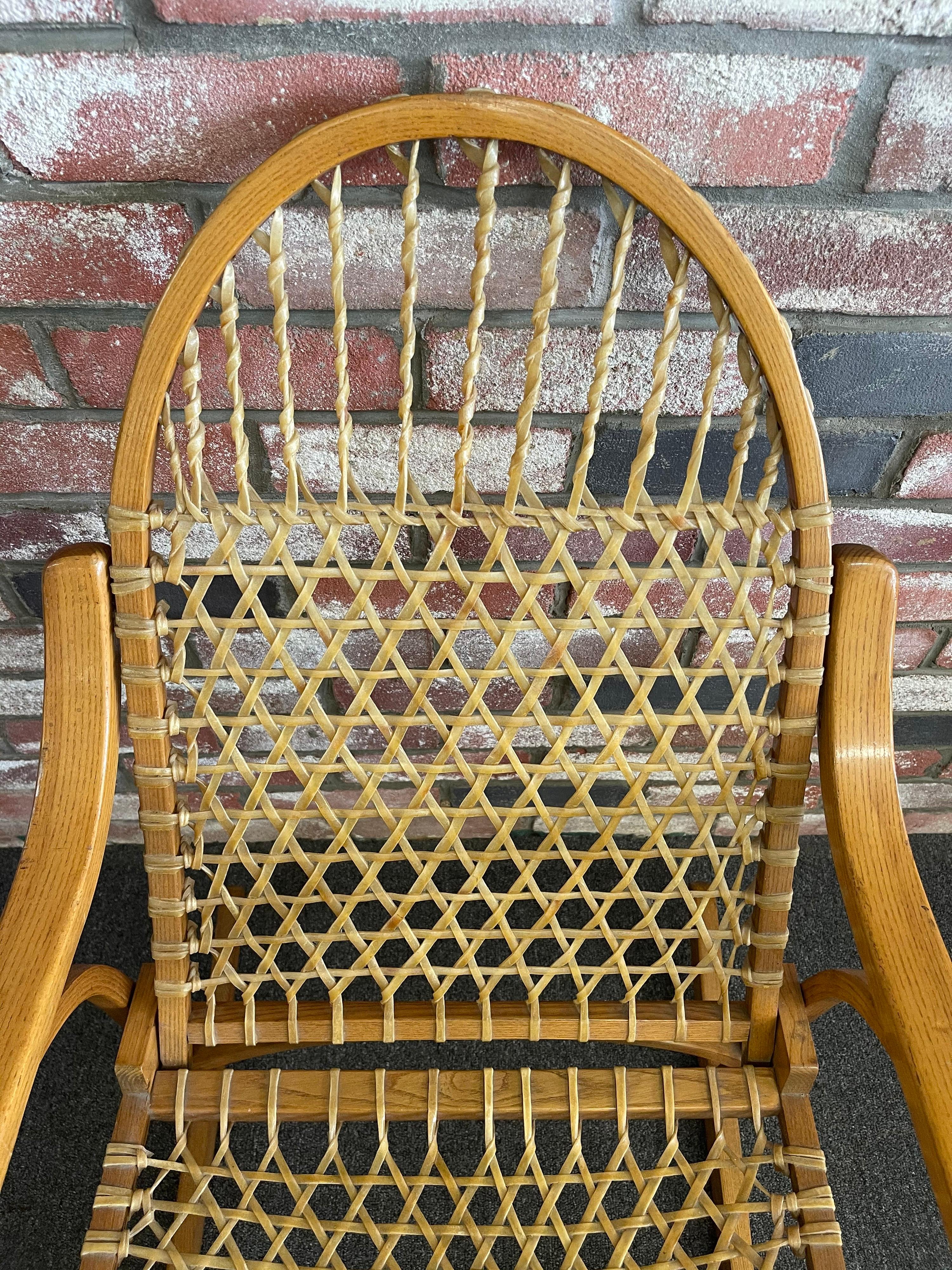 20th Century Vintage Snowshoe Oak & Rawhide Rocking Chair by Vermont Tubbsr