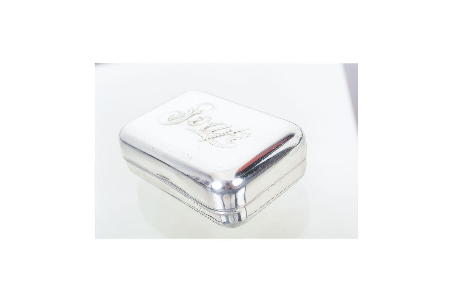 For your consideration: Vintage soap covered carry container dish travel toiletry case in aluminum

Dimensions: 3 3/4