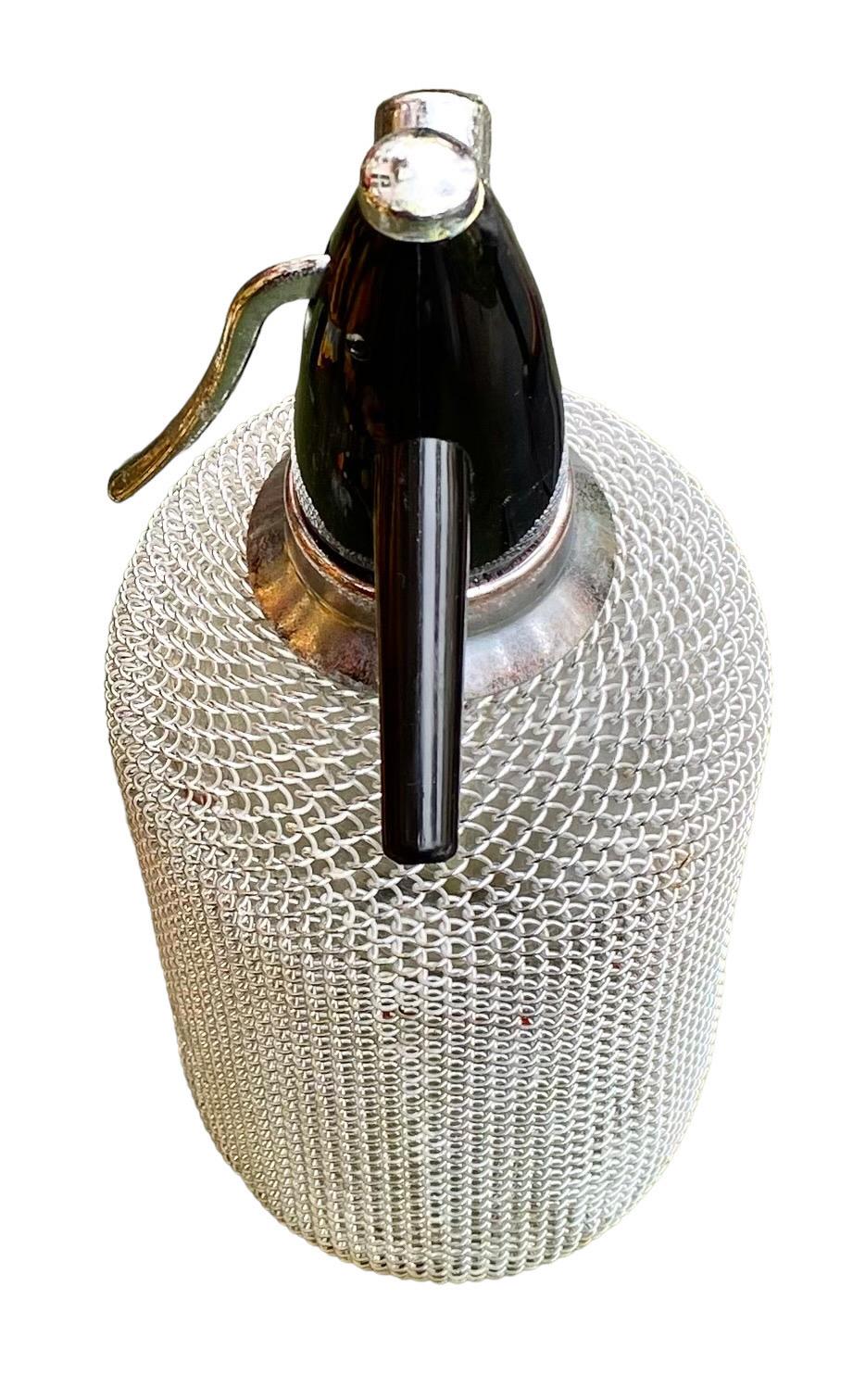 Czech Vintage Soda Siphon Seltzer Glass Bottle with Metal Mesh  For Sale
