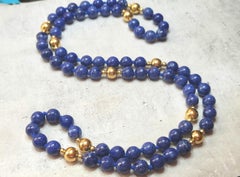 Vintage 30-Inch Sodalite and 14K Gold Beaded Necklace, Circa 1970s
