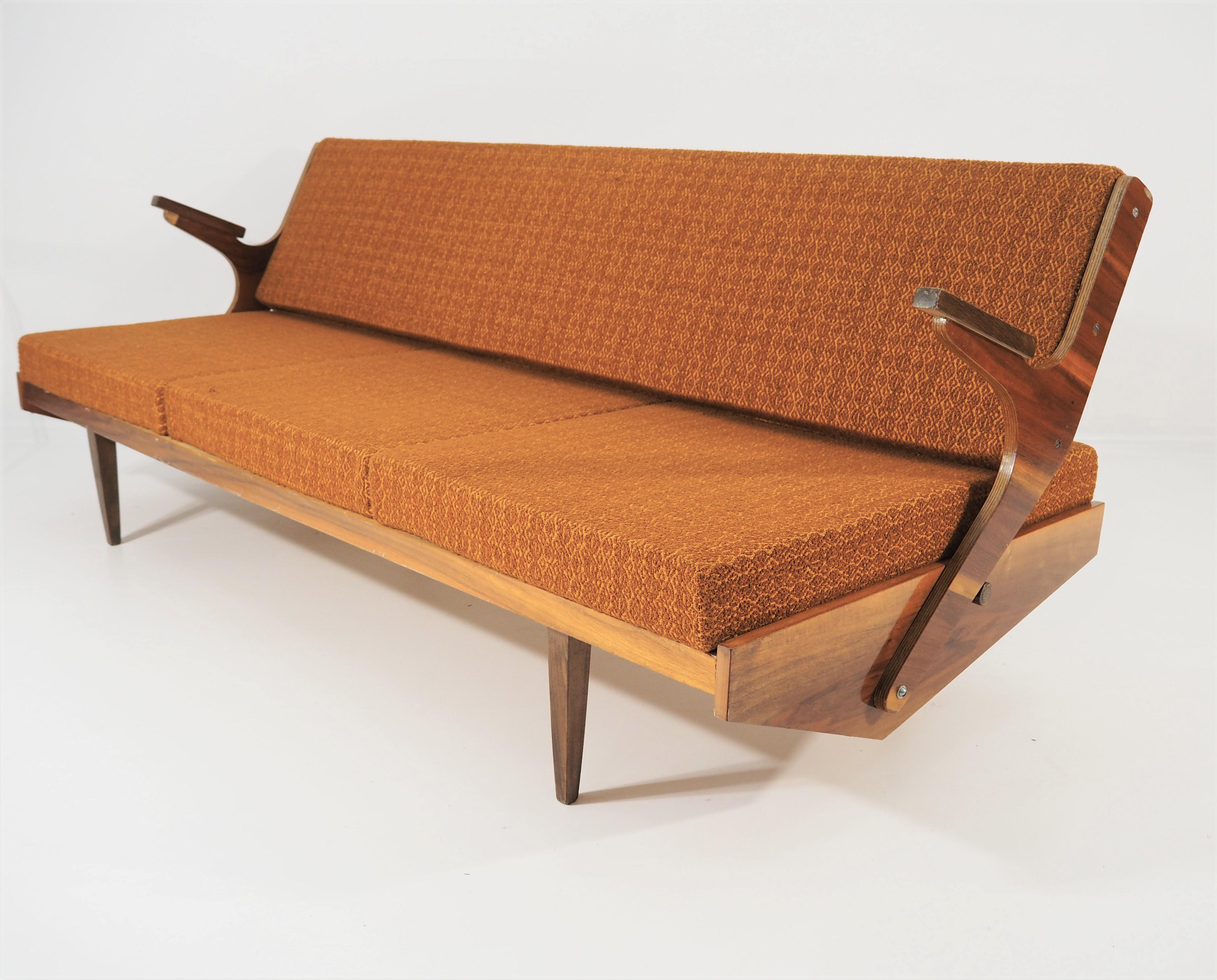 Czech sofa circa 1970 made in former Czechoslovakia. Dimensions: Height 79 cm, length 205 cm, width 88 cm. Minimalist, unusual and interesting form, original condition.