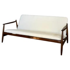 Vintage sofa from the 60s, Italian manufacture, white bouclé fabric and wood