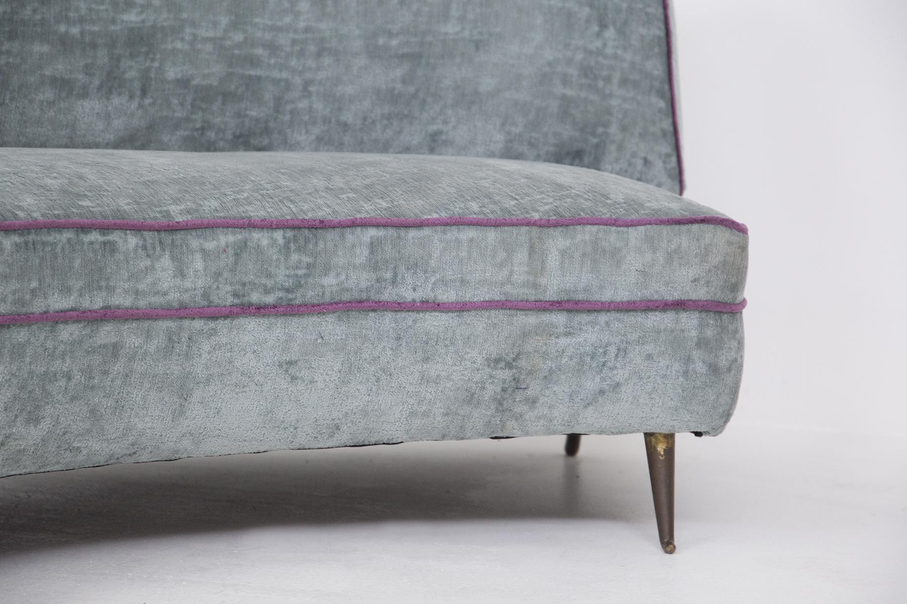 Brass Vintage Sofa in Light Blue and Purple Velvet by Isa Bergamo For Sale