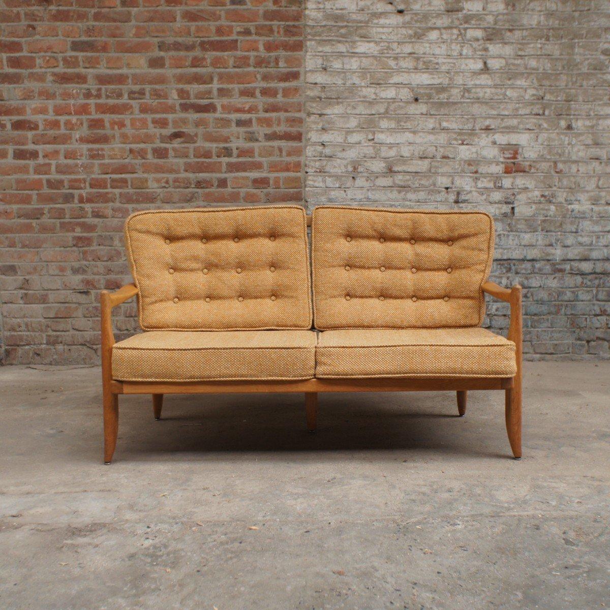 Mid-Century Modern Vintage Sofa In Light Oak, Guillerme And Chambron