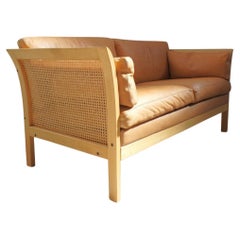 Vintage Sofa in Light Wood, Caning and Leather, Arne Norell