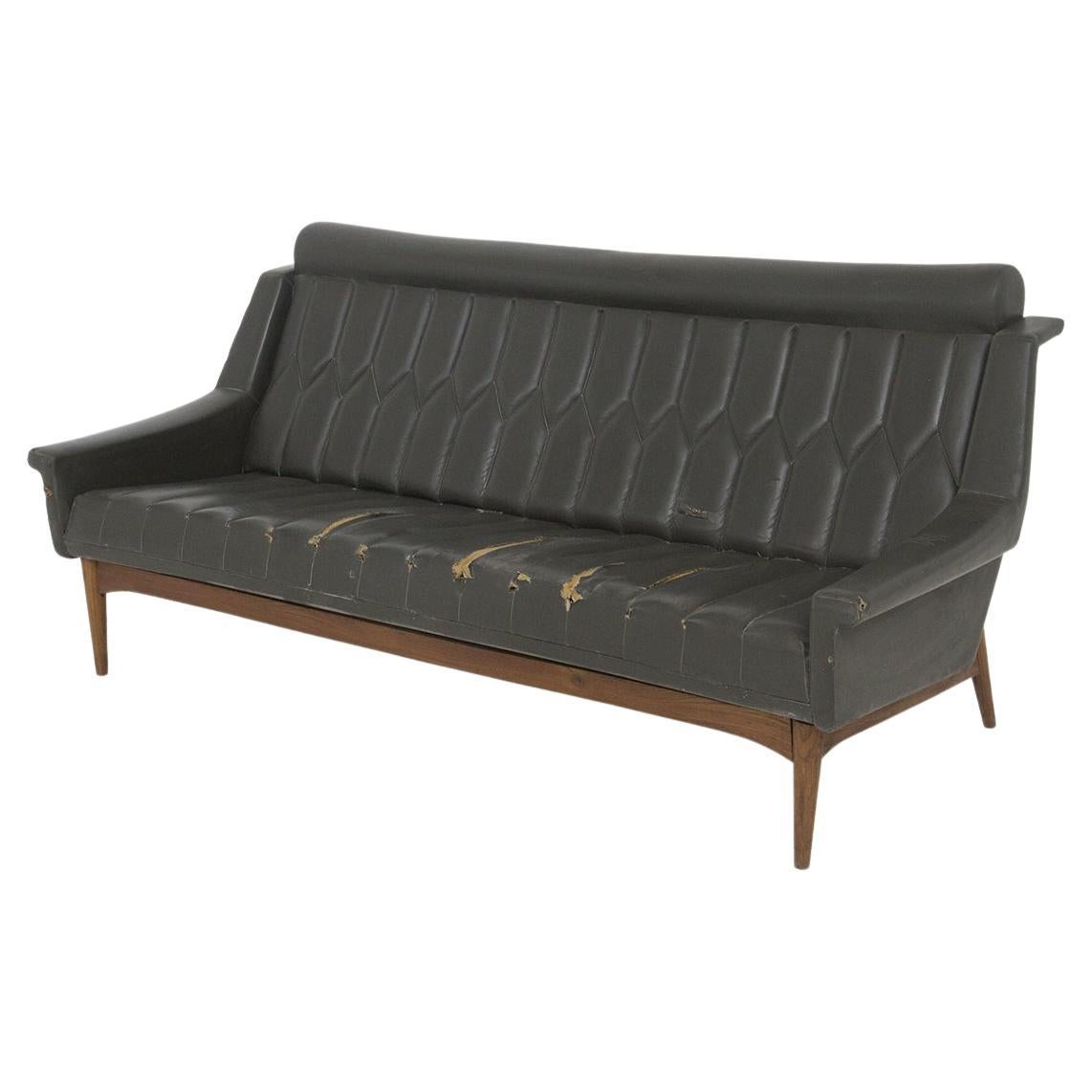 Vintage Sofa in Wood and Black Leather