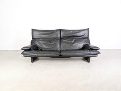 Vintage Sofa Italian 2-seater Design Couch Leder schwarz 1980