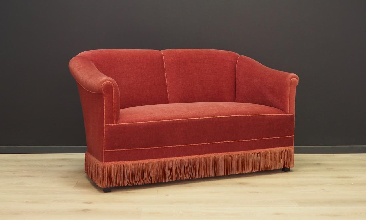 Phenomenal sofa from the 1960s-1970s, Danish design. Sofa has original upholstery made of plush in red colour. Maintained in good condition (minor bruises and scratches) - directly for use.

Dimensions: height 80 cm, width 142 cm, depth 75 cm seat
