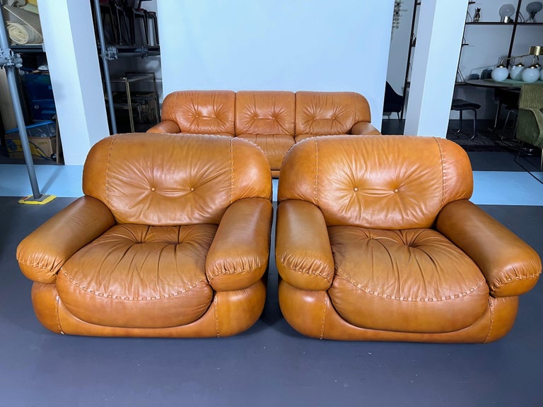 Vintage Sofa Set in Cognac Leather by Sapporo for Mobil Girgi, Italy