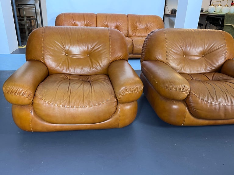 Vintage Sofa Set in Cognac Leather by Sapporo for Mobil Girgi, Italy