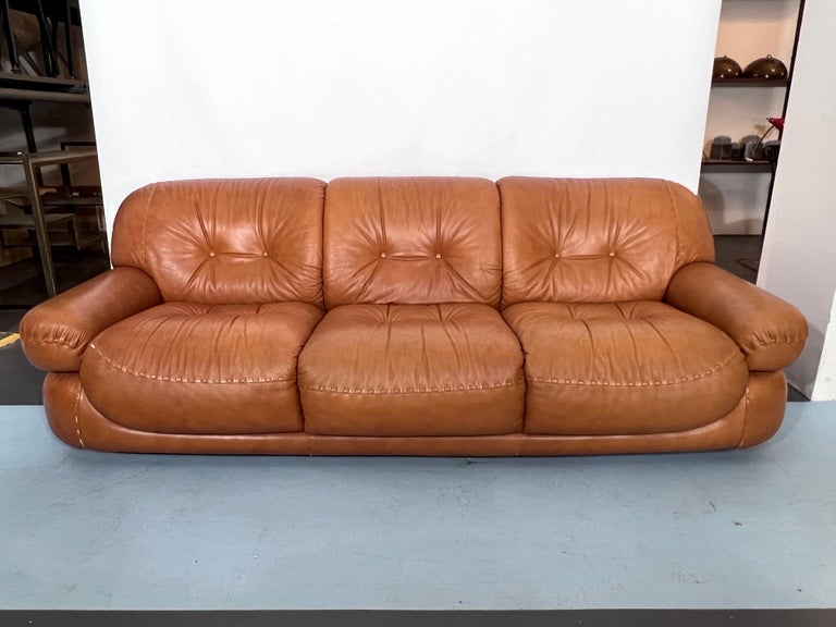 Vintage Sofa Set in Cognac Leather by Sapporo for Mobil Girgi, Italy