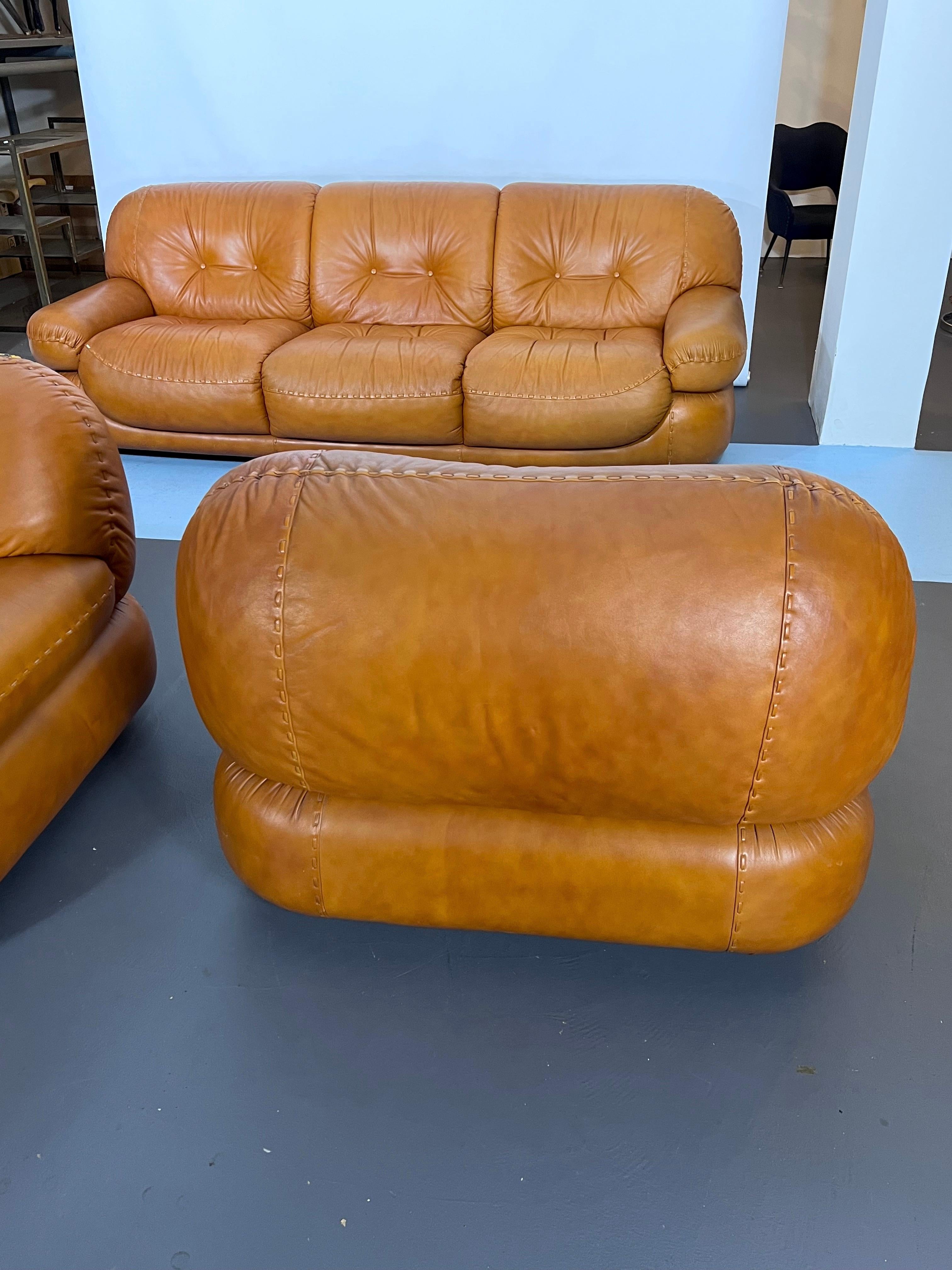 20th Century Vintage Sofa Set in Cognac Leather by Sapporo for Mobil Girgi, Italy, 1970s For Sale