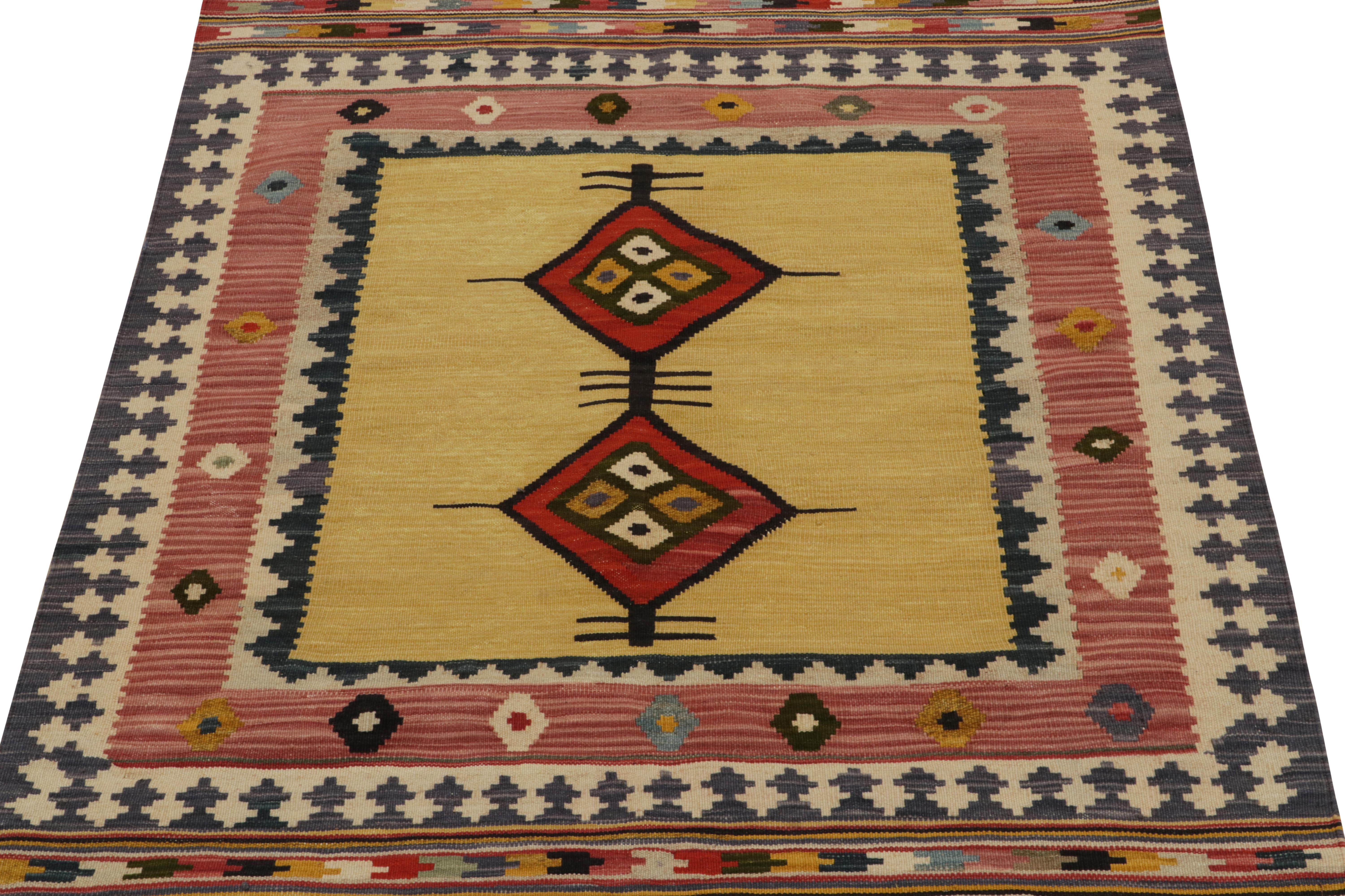 Originating circa 1980-1990, a rare vintage curation of small-sized Sofreh Kilim rugs our principal has newly unveiled. Distinguished for its 3x4 size, progressive colorways, and uncommon durability among flat weaves.

This particular rug carries