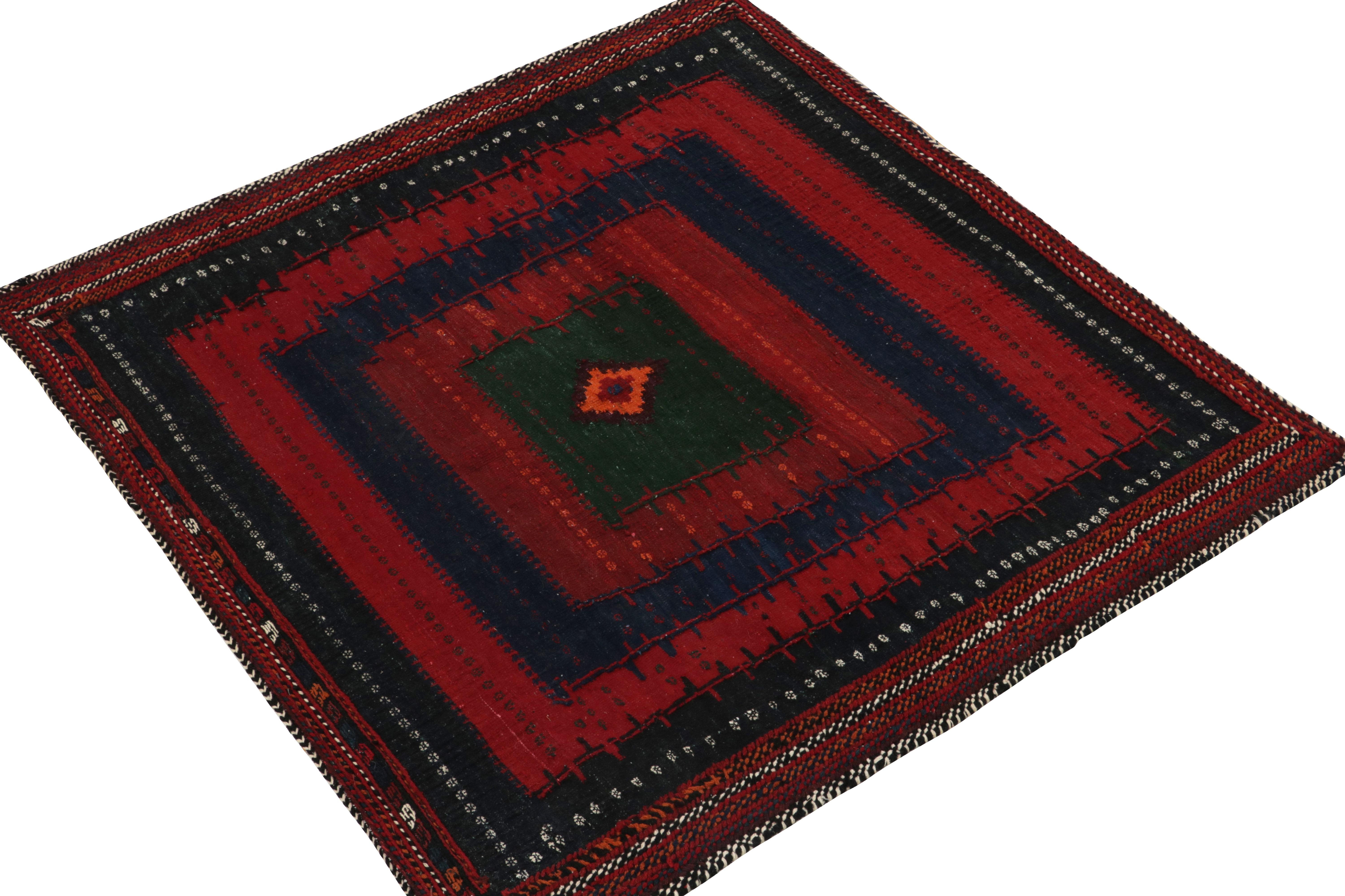 Connoting the celebrated tribal style, this 4x4 kilim rug hails from a special new curation of Persian Sofreh flat weaves. A distinguished lineage once woven for table and floor use alike, this square flat weave features an embroidered geometric
